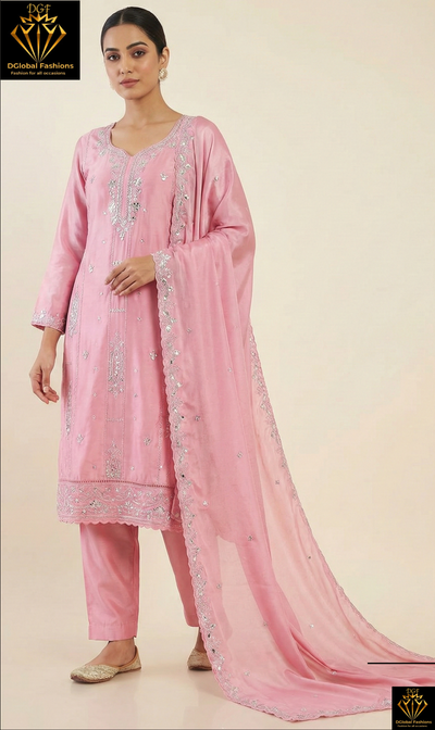 Cotton Kurta Pant Set with Stone & Resham Embroidery