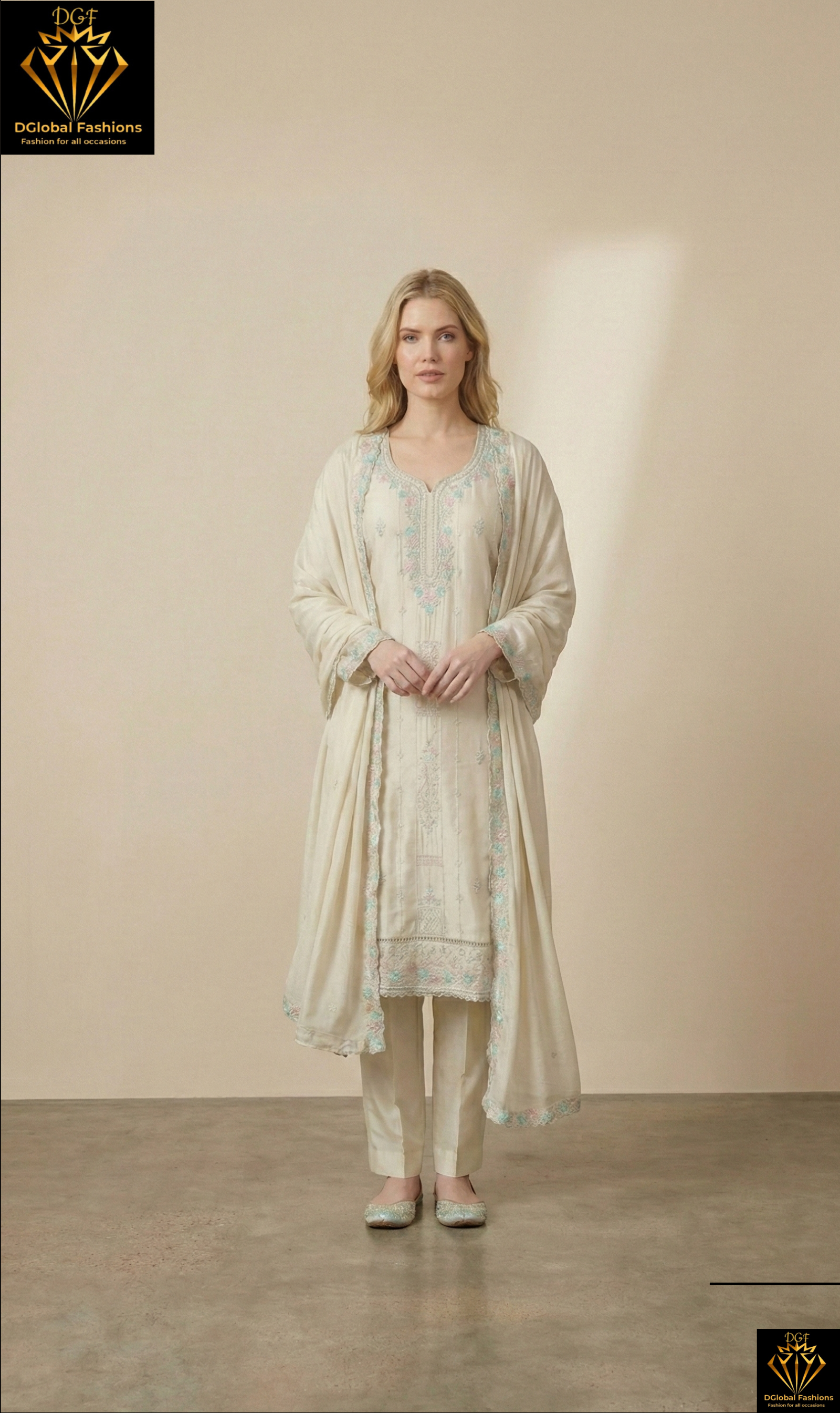 Cotton Kurta Pant Set with Stone & Resham Embroidery