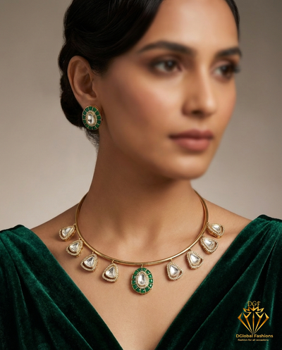 Gold Plated Kundan Stone Necklace Set with Matching Earrings