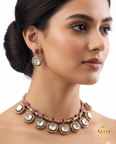 Sundari Antique Polki Necklace Set with Pink Enamel & Semi-Precious Stones