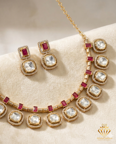 Sundari Antique Polki Necklace Set with Pink Enamel & Semi-Precious Stones