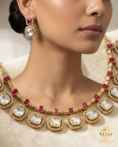 Sundari Antique Polki Necklace Set with Pink Enamel & Semi-Precious Stones