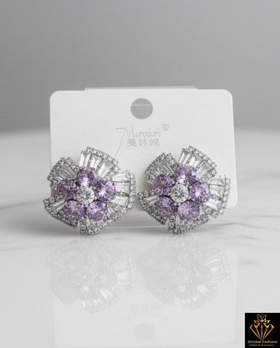 Silver Needle Inlaid Diamond Zircon Floral Earrings