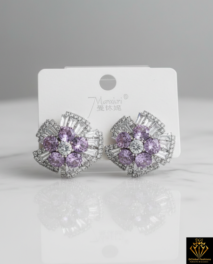 Silver Needle Inlaid Diamond Zircon Floral Earrings