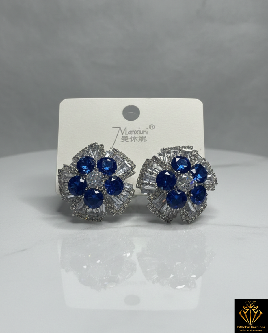 Silver Needle Inlaid Diamond Zircon Floral Earrings