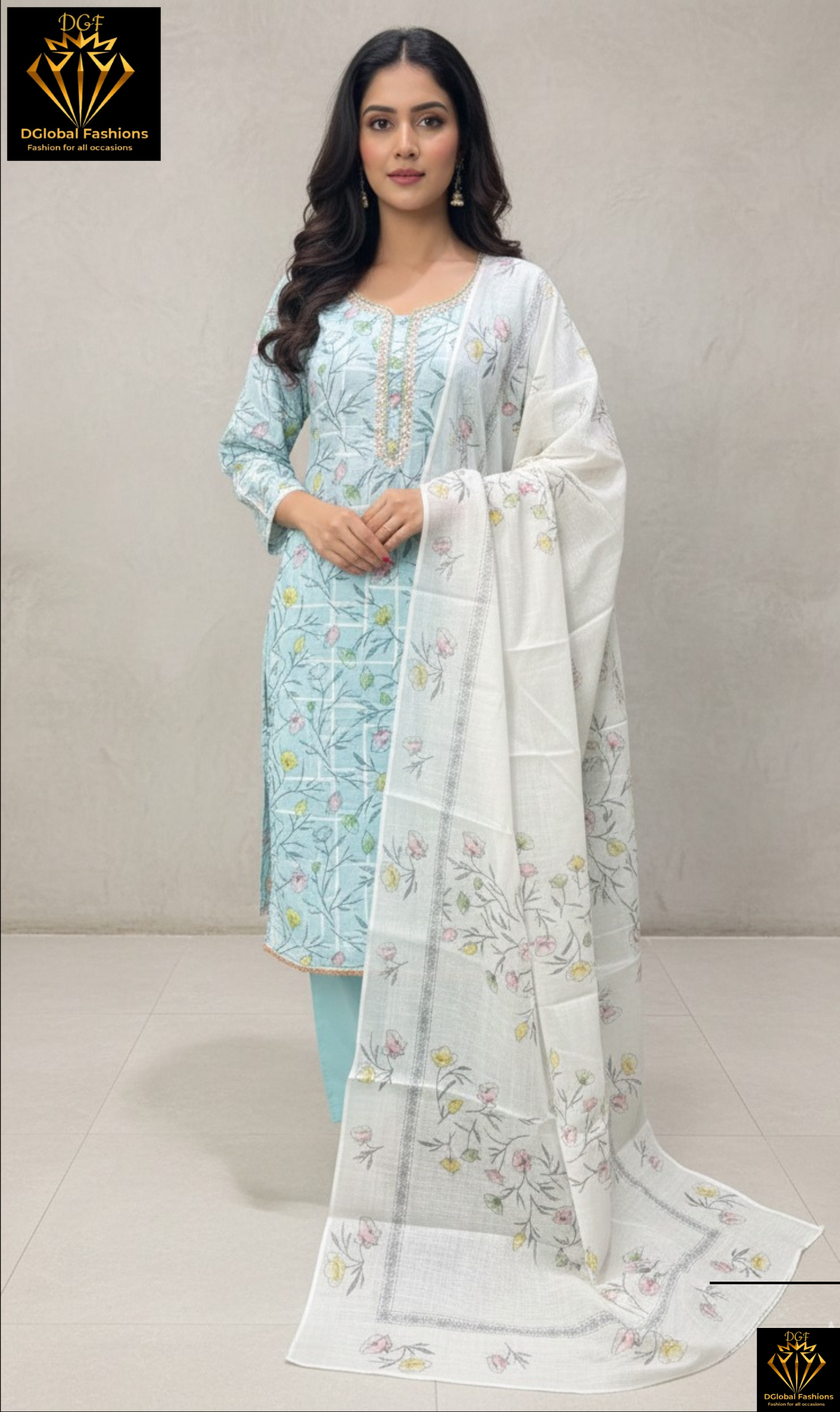 Cotton Suit Set with Neck Embroidery