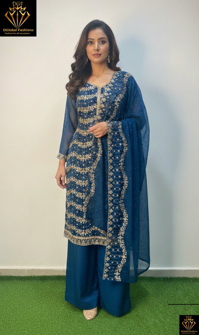Georgette Suit Set with All-Over Stone Work Kurta & Dupatta