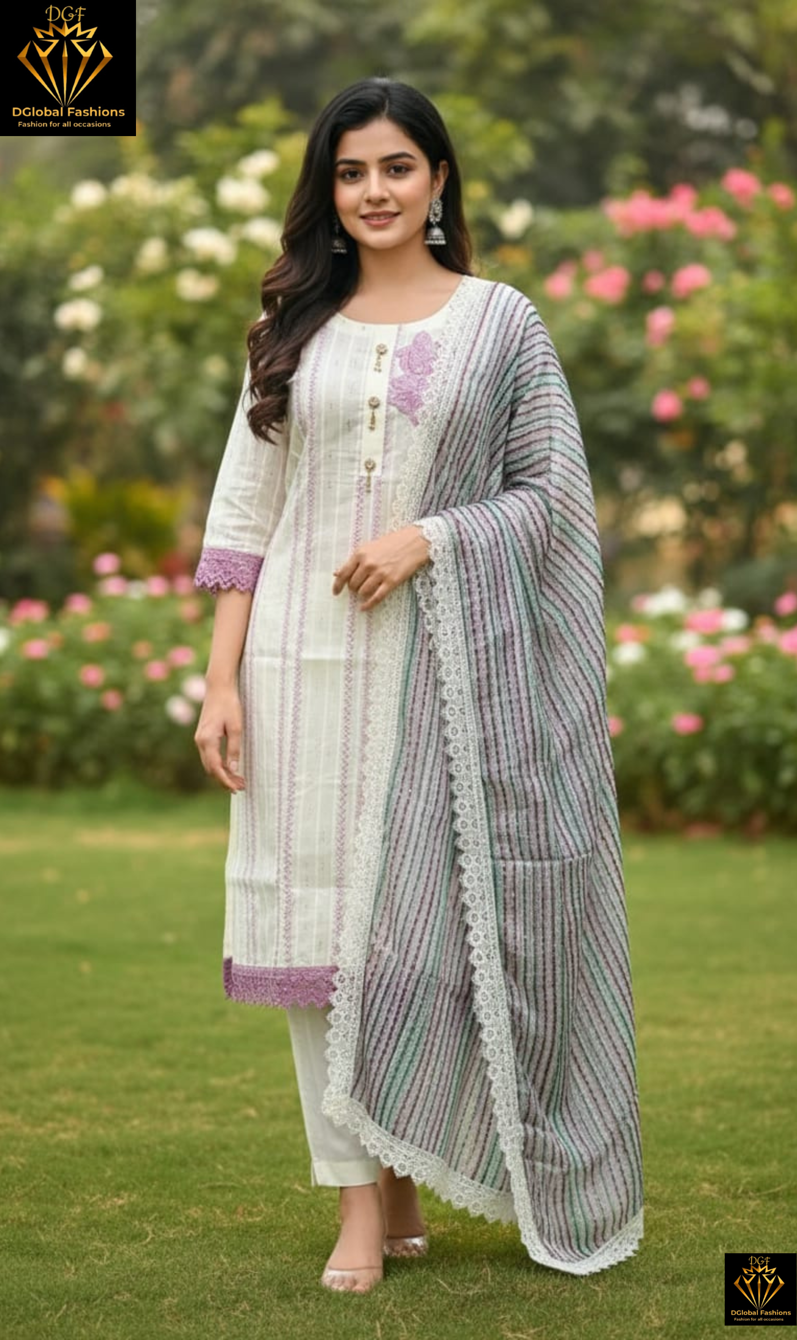 Cotton Kurta Pant Set with Patchwork & Sequin Detailing, Striped Dupatta