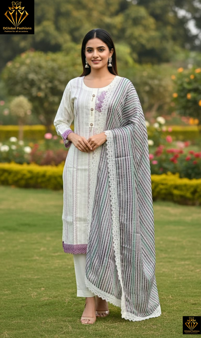 Cotton Kurta Pant Set with Patchwork & Sequin Detailing, Striped Dupatta