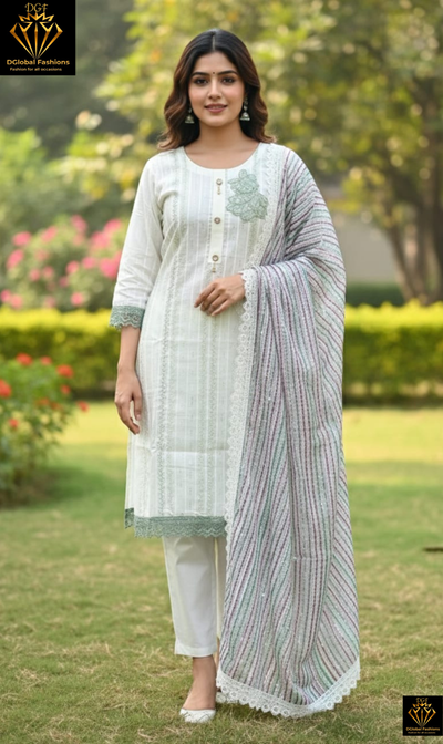 Cotton Kurta Pant Set with Patchwork & Sequin Detailing, Striped Dupatta
