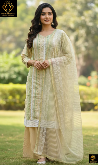 Cotton Lace Work Kurta Palalzzo Suit Set with Dupatta