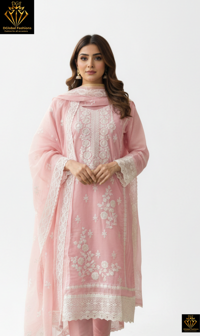 Kota Fabric Lace Embroidery Kurta Pant & Dupatta Suit Set
