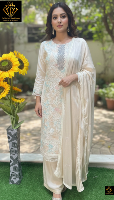 Cotton Silk Blend Kurta Suit Set with Palazzo & Dupatta