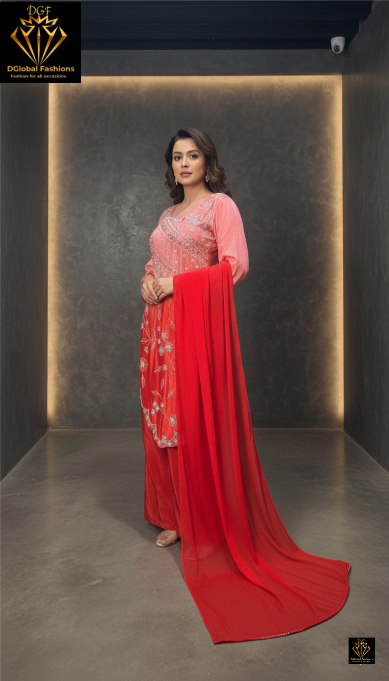 Sharara 3-Piece Suit Set in Crepe Fabric with Pearl, Sequin & Cutdana Work