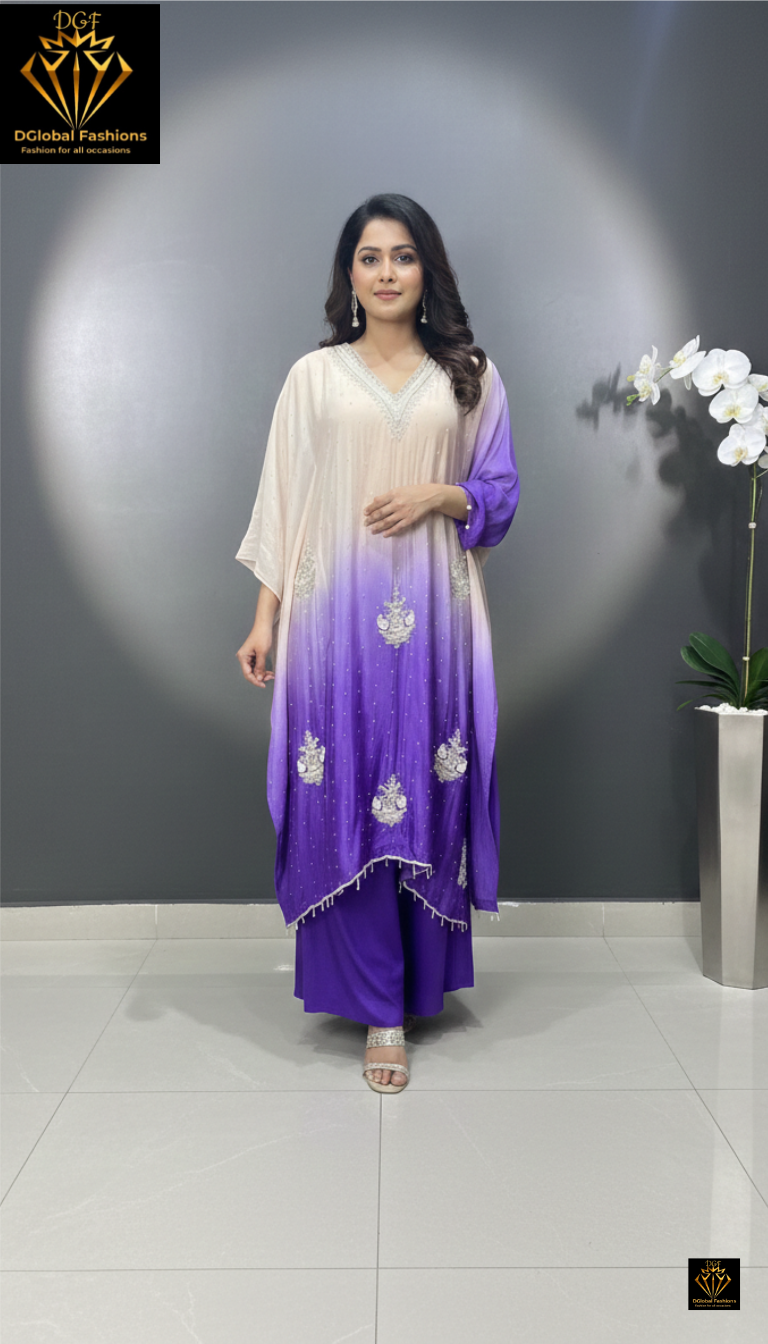 Chinon Fabric Kaftan with Cutdana, Pearl & Sequin Work