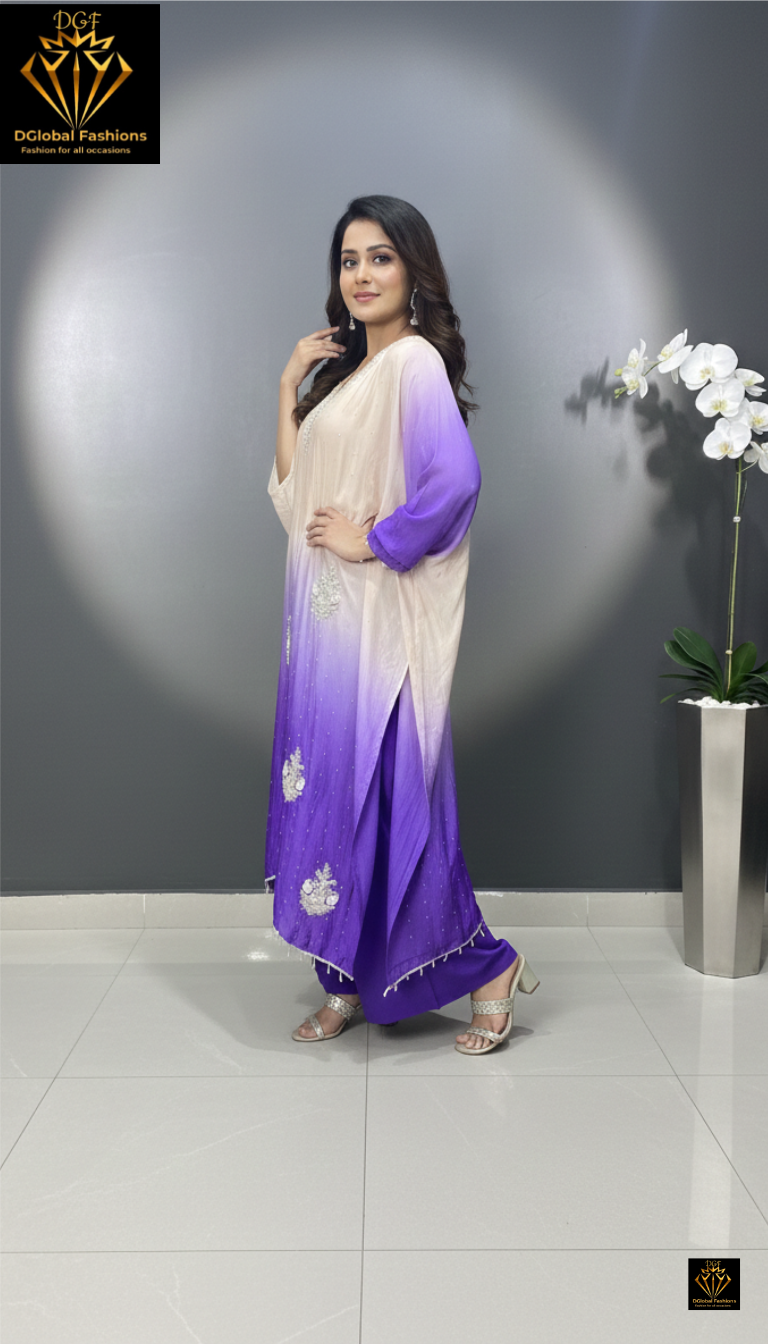 Chinon Fabric Kaftan with Cutdana, Pearl & Sequin Work