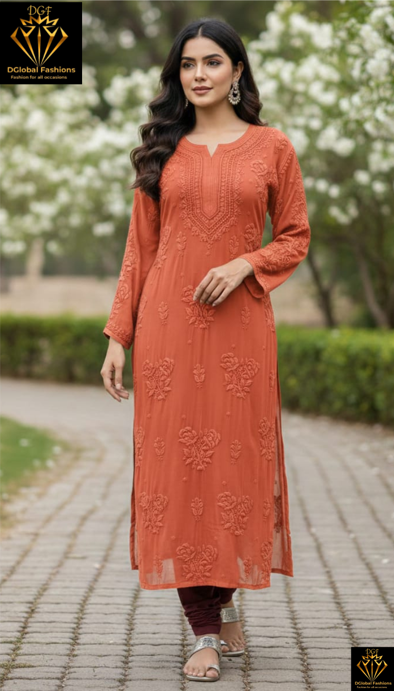 Lucknowi Chikankari Viscose Kurti with 3D Rose Hand Embroidery