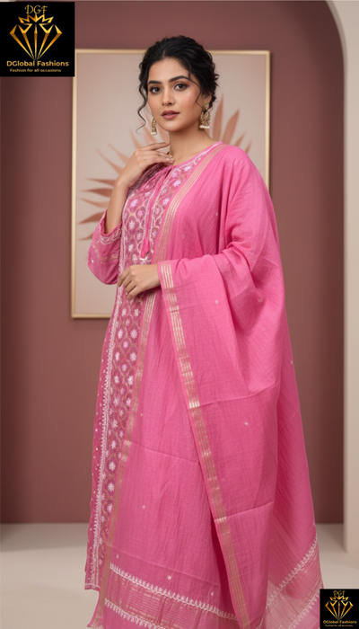 Lucknowi Chikankari A-Line Kurti Set with Elegant Brocade Detailing, Matching Dupatta & Pants