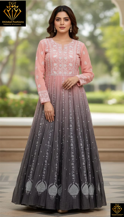 Ombre Dyed Lucknowi Chikankari Unstitched Anarkali
