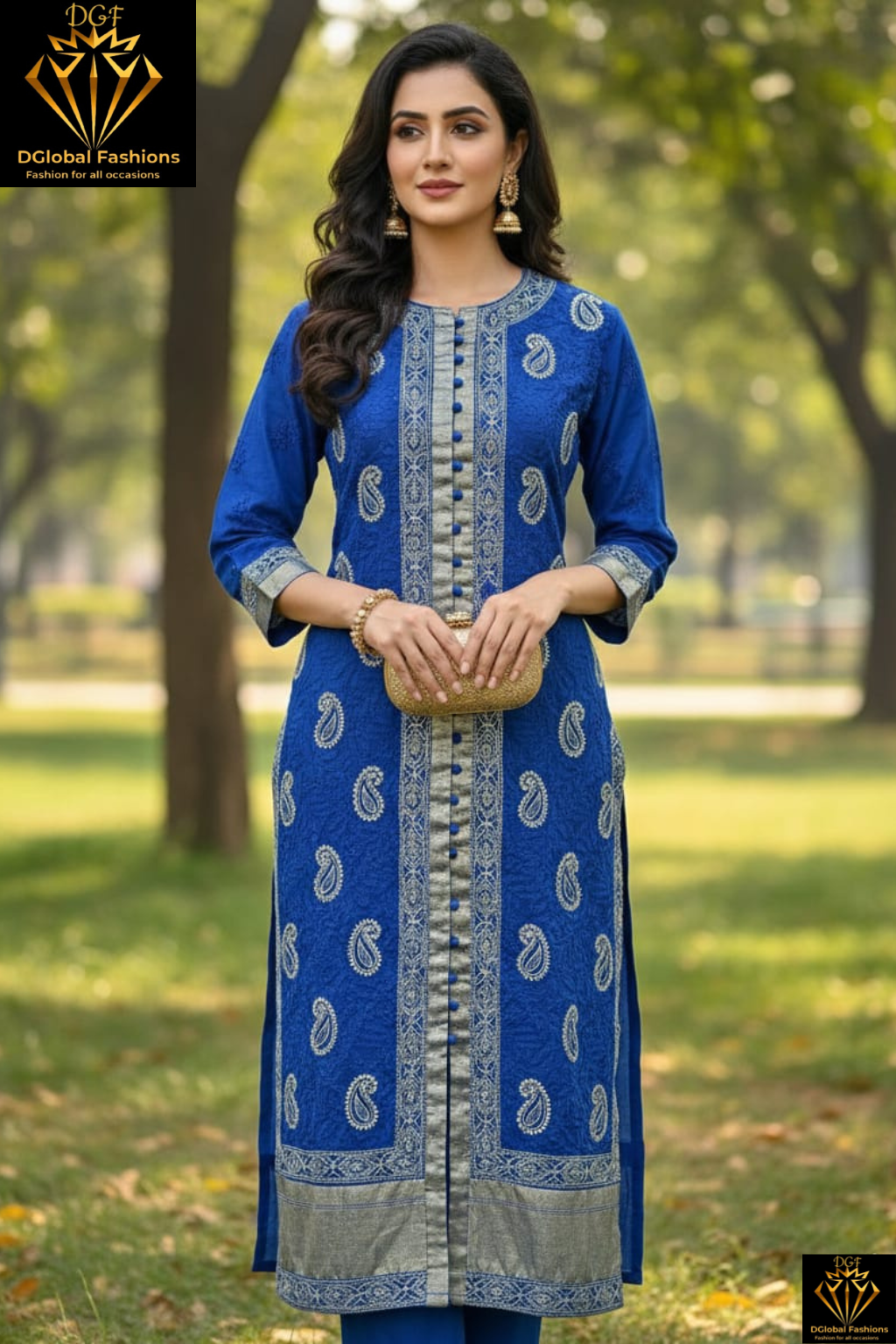 Lucknowi Chikankari Sherwani-Style Shadow Work Kurti in Kota Doriya with Zari Panel & Border