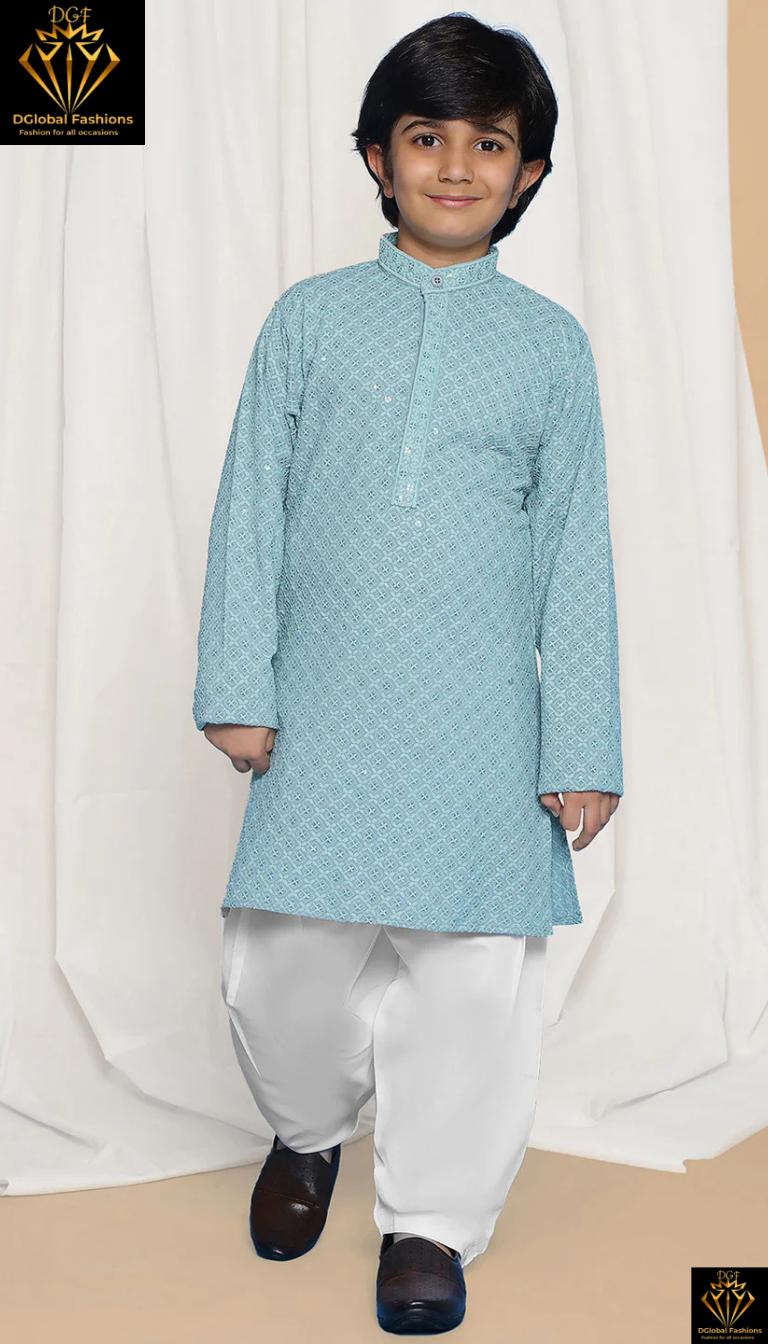 Blue Schiffli Embroidery Full-Sleeve Sequin Kurta