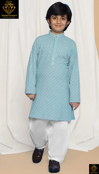 Blue Schiffli Embroidery Full-Sleeve Sequin Kurta