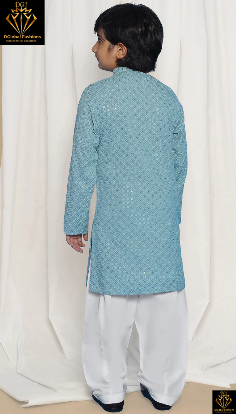 Blue Schiffli Embroidery Full-Sleeve Sequin Kurta