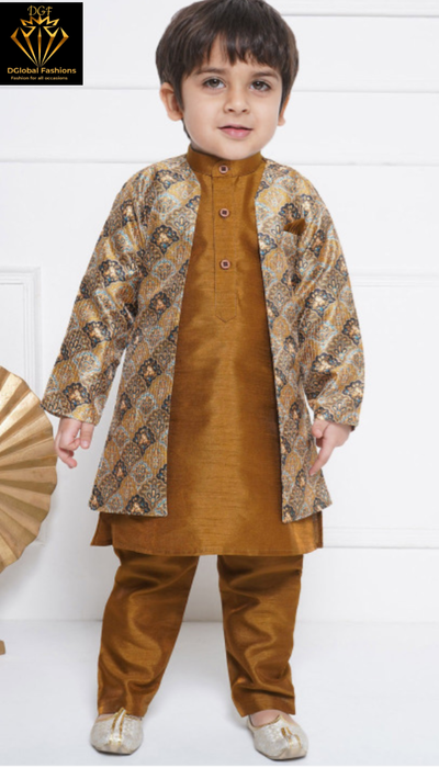 Boys Floral Embroidery Mandarin Collar Straight Kurta Set with Pyjama
