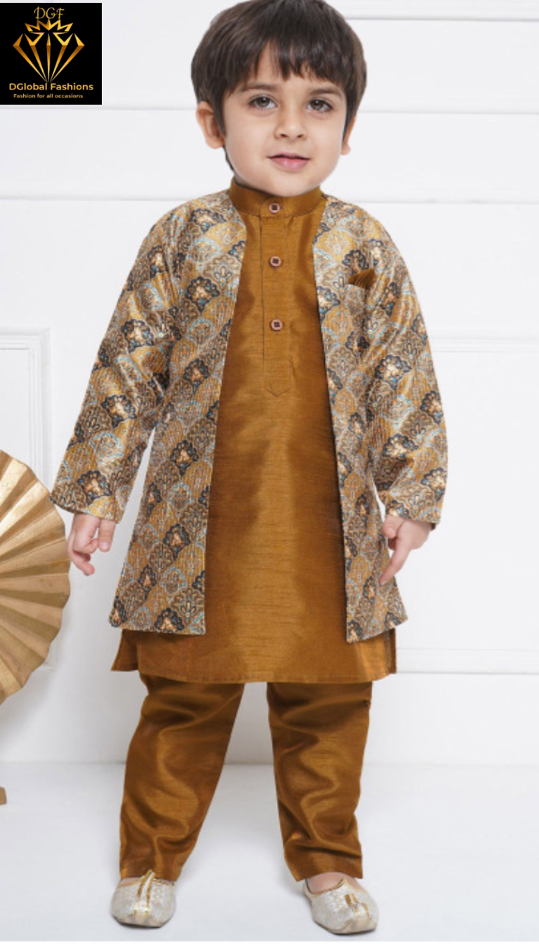 Boys Floral Embroidery Mandarin Collar Straight Kurta Set with Pyjama