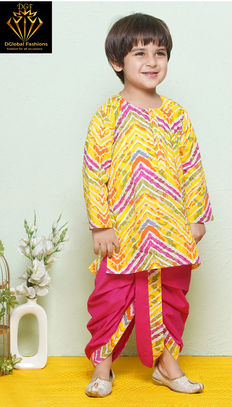 Kids Boys Pink Printed Cotton Dhoti Set