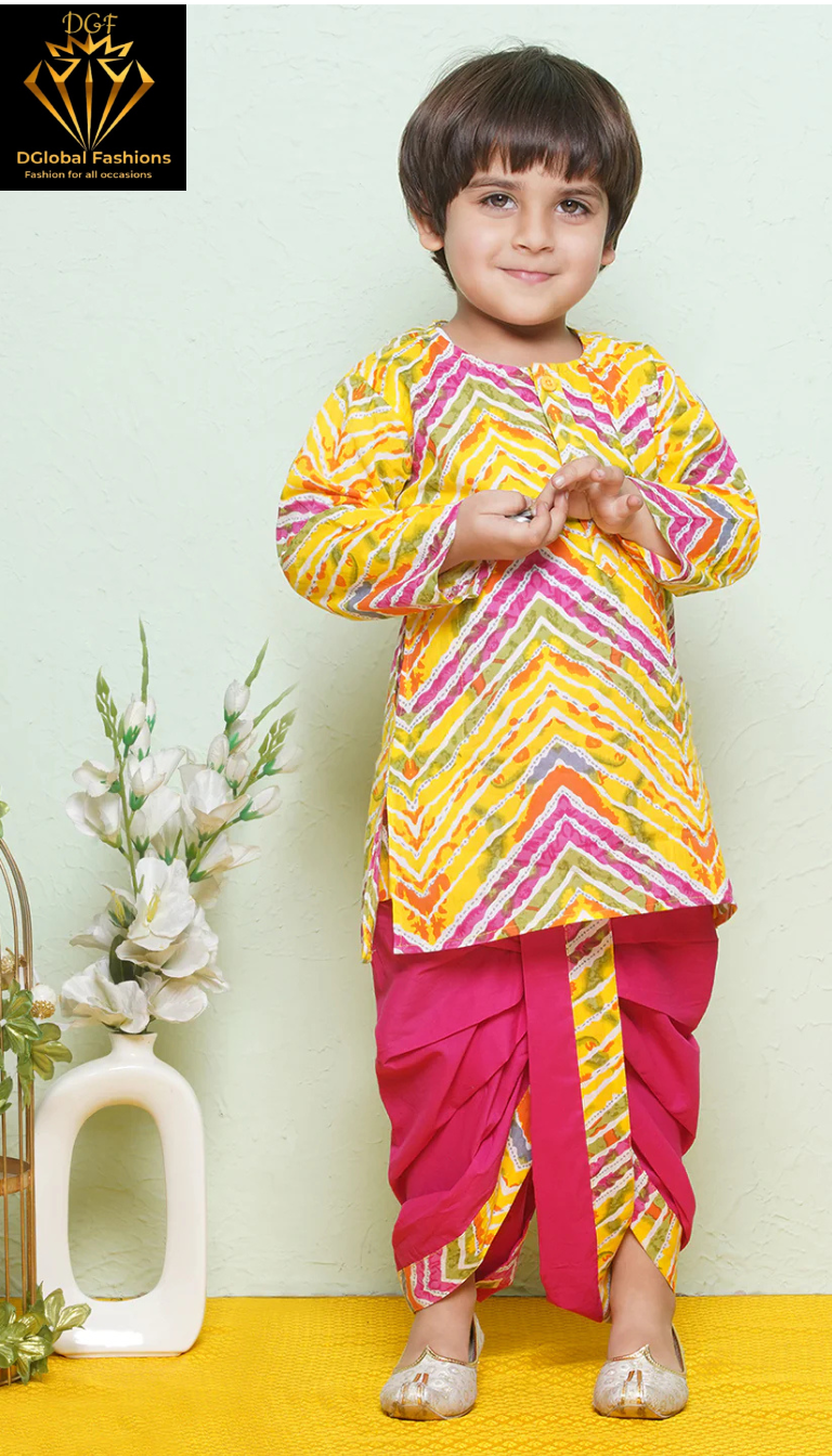 Kids Boys Pink Printed Cotton Dhoti Set