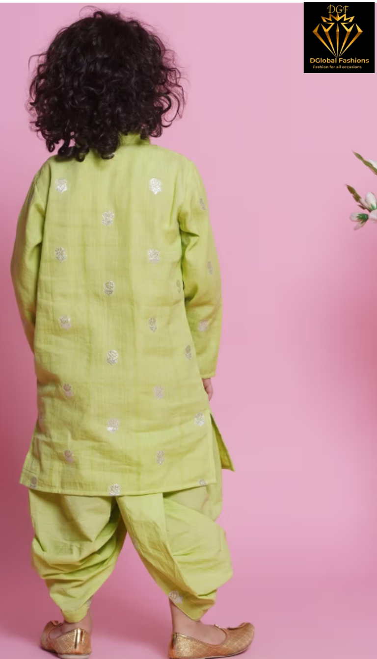 Boys Cotton Rose Zari Embroidered Kurta with Dhoti