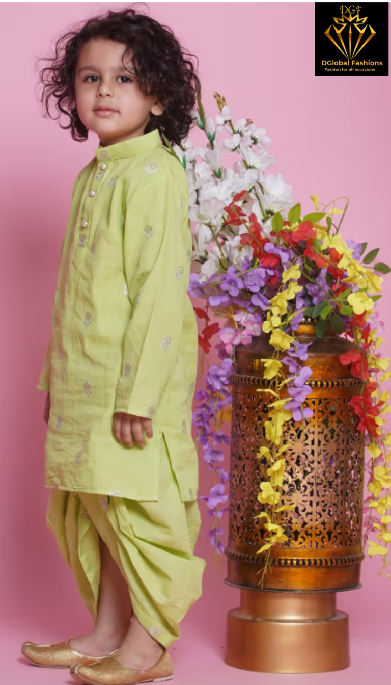 Boys Cotton Rose Zari Embroidered Kurta with Dhoti