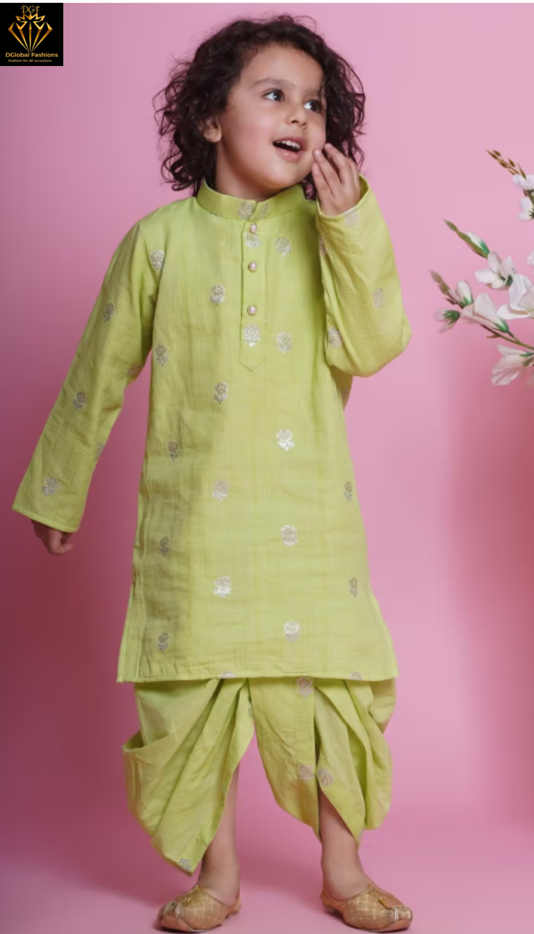 Boys Cotton Rose Zari Embroidered Kurta with Dhoti