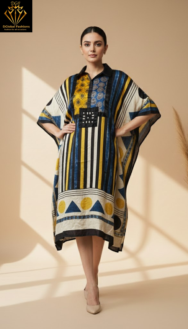 Modal Silk Vegetable-Dyed Hand Block Printed Short Kaftan with Real Mirror Work