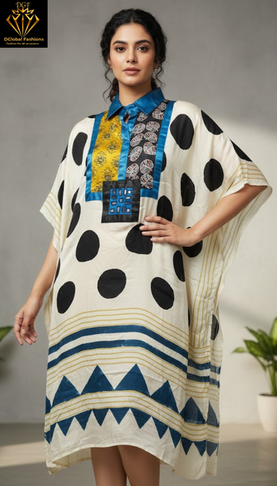 Modal Silk Vegetable-Dyed Hand Block Printed Short Kaftan with Real Mirror Work