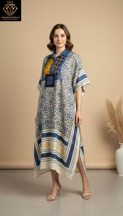 Modal Silk Vegetable-Dyed Hand Block Printed Long Kaftan with Real Mirror Work