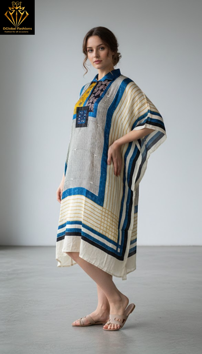 Modal Silk Vegetable-Dyed Hand Block Printed Short Kaftan with Real Mirror Work