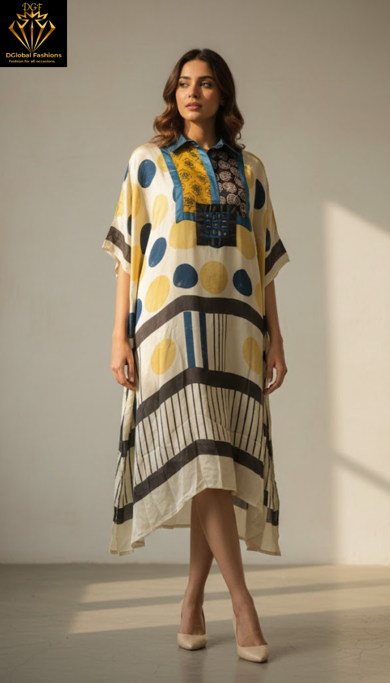 Modal Silk Vegetable-Dyed Hand Block Printed Long Kaftan with Real Mirror Work