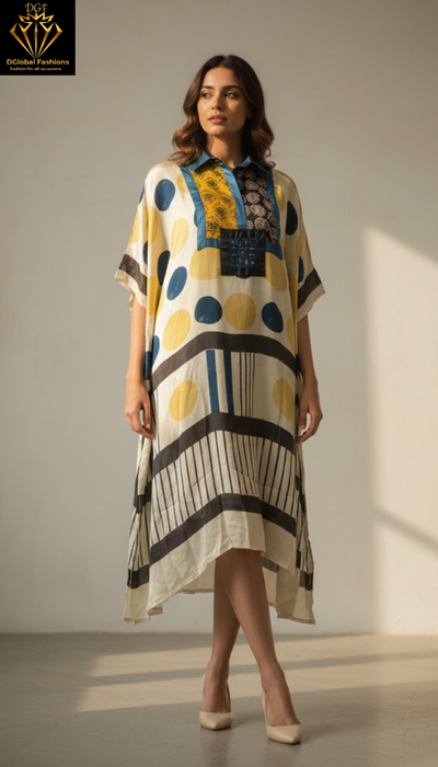 Modal Silk Vegetable-Dyed Hand Block Printed Long Kaftan with Real Mirror Work