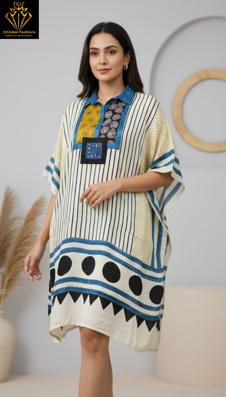 Modal Silk Vegetable-Dyed Hand Block Printed Short Kaftan with Real Mirror Work