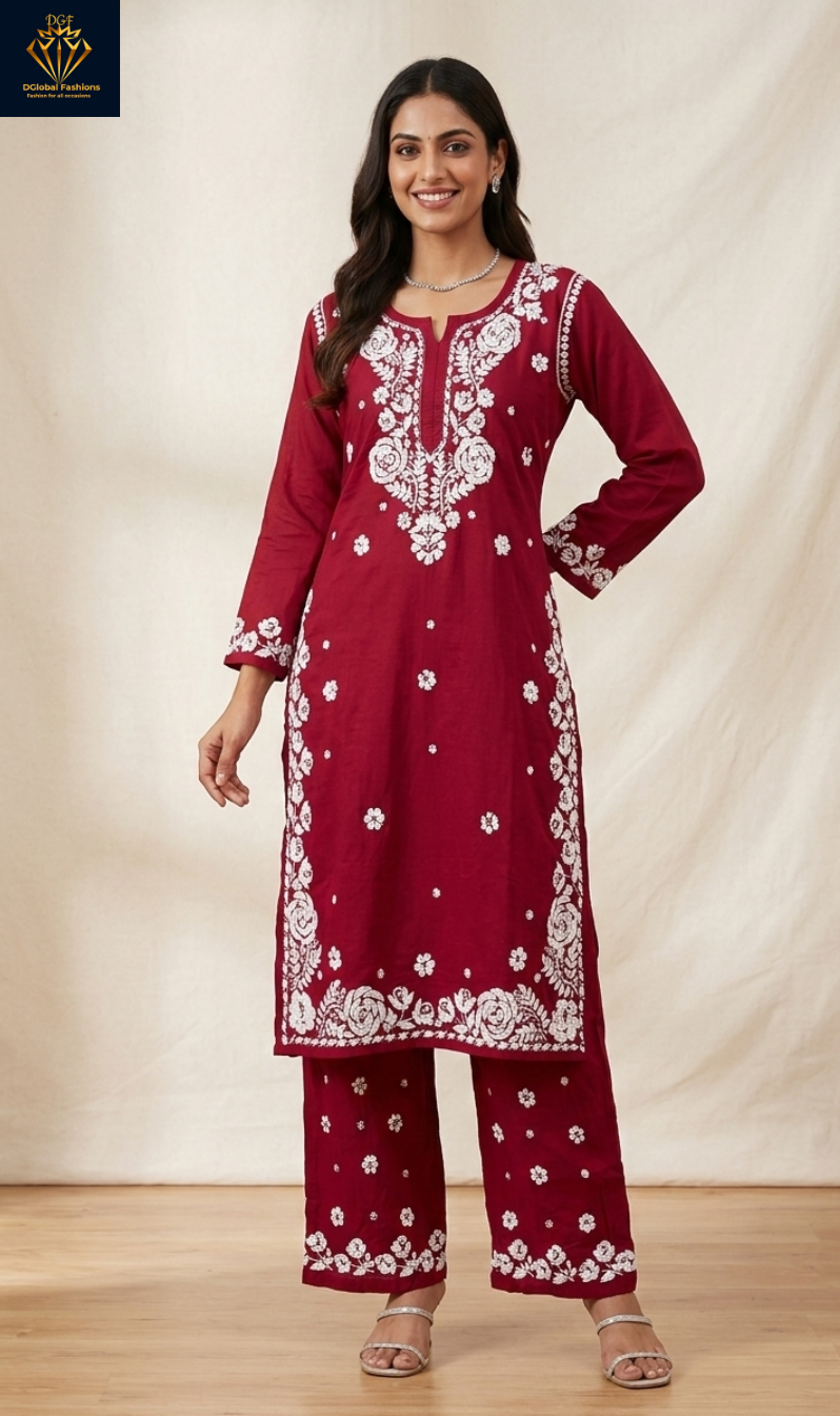 Lucknowi Chikankari Rayon Rose Co-ord Set