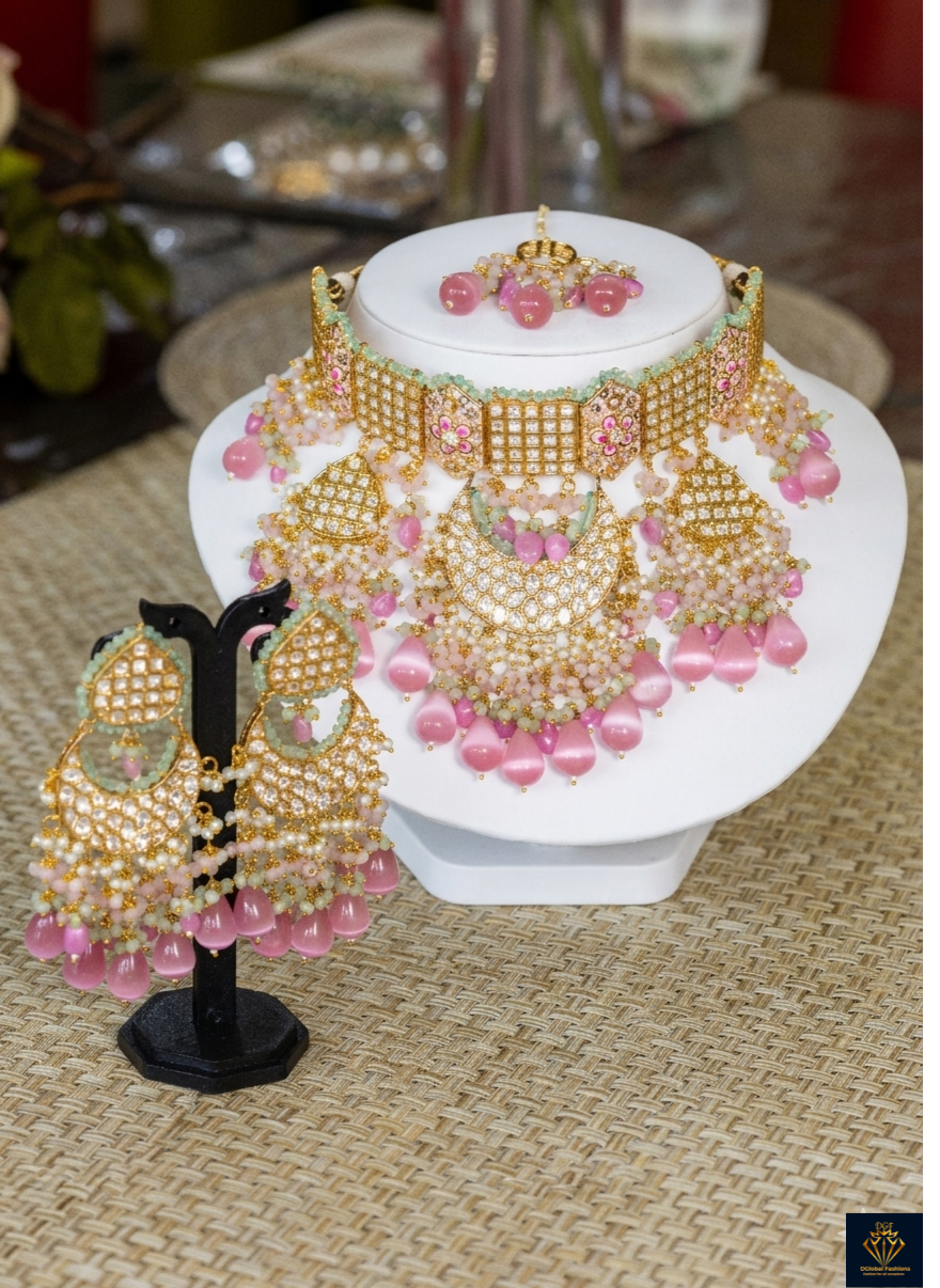 Modakara pink & gold bridal necklace set