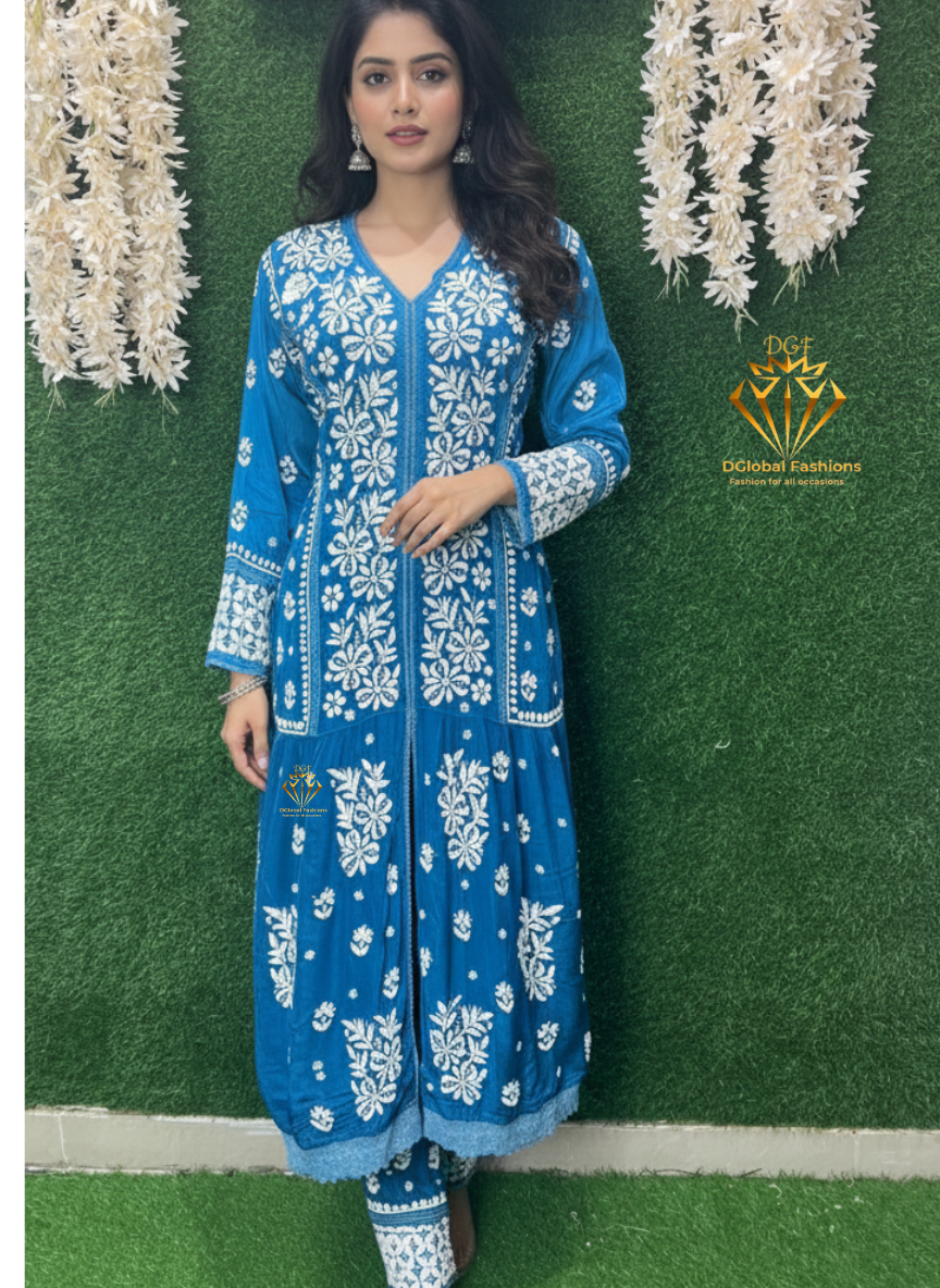 Crape Lucknowi Chikankari Co-Ord Set with Thread Work & Ombre Shade