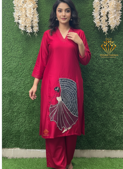 Gajji Silk A-Line Kurti & Pant Set with Applique Patch Embroidery