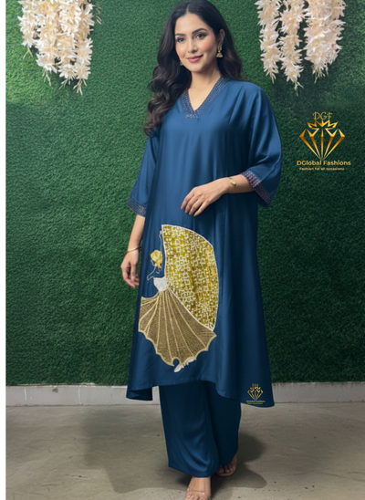 Gajji Silk A-Line Kurti & Pant Set with Applique Patch Embroidery