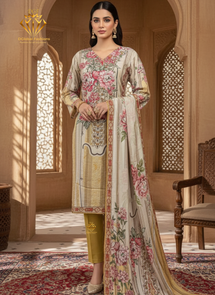 Viscose Digital Printed 3 Piece Suit With Real Mirror Work