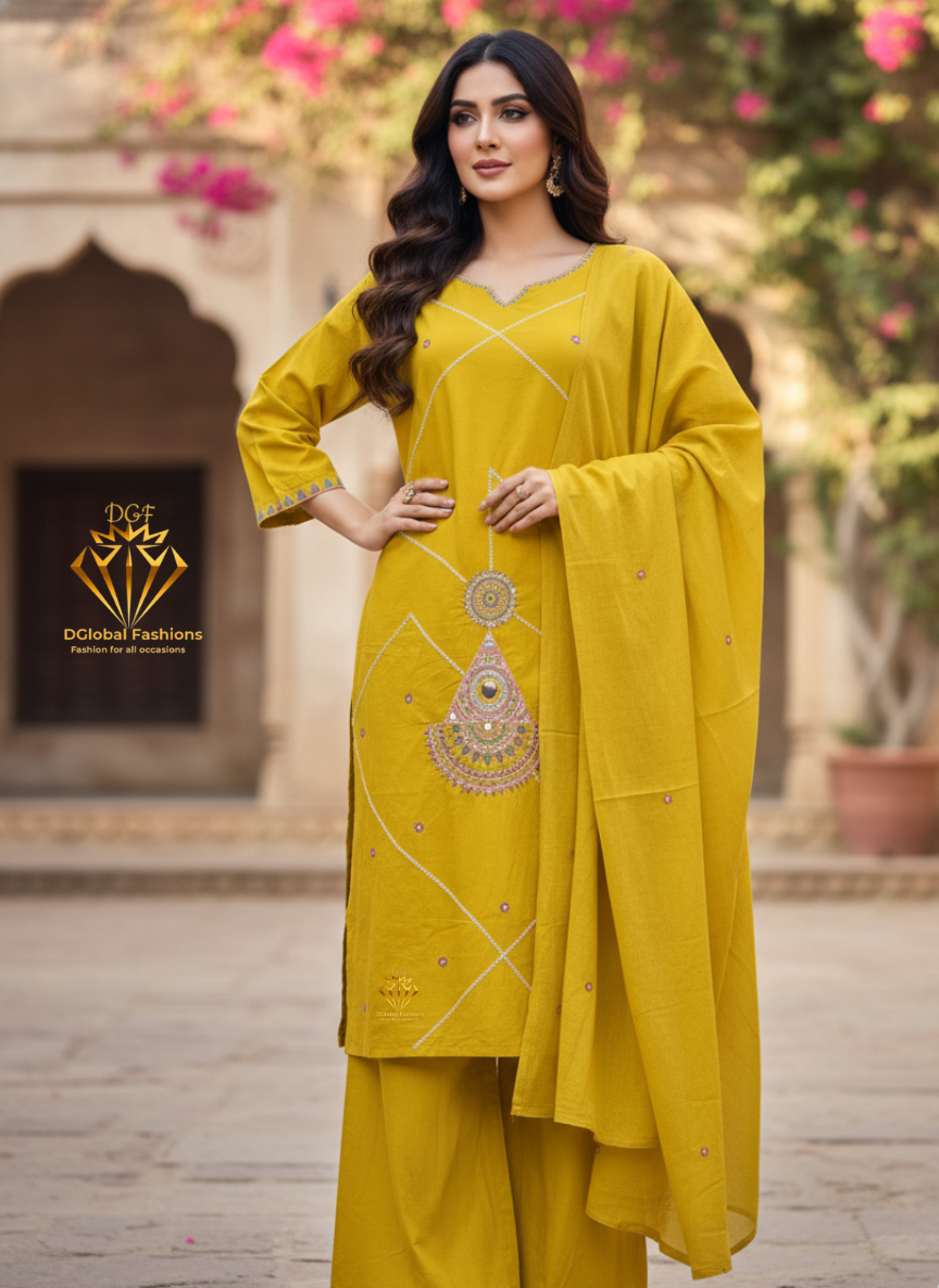 Gajji Silk A-Line Kurti & Pant Set with Applique Patch Embroidery