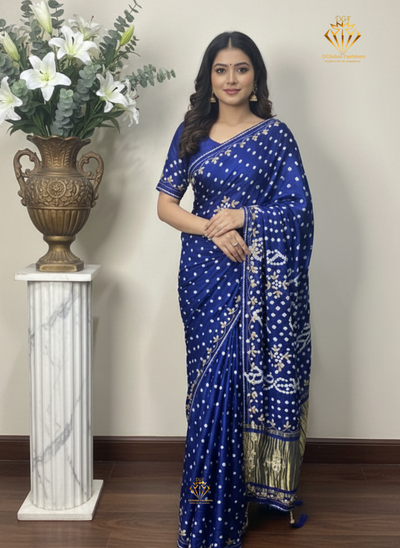 Bandhej Saree with Lagdi Patta Pallu & Cutdana Gota Patti Work