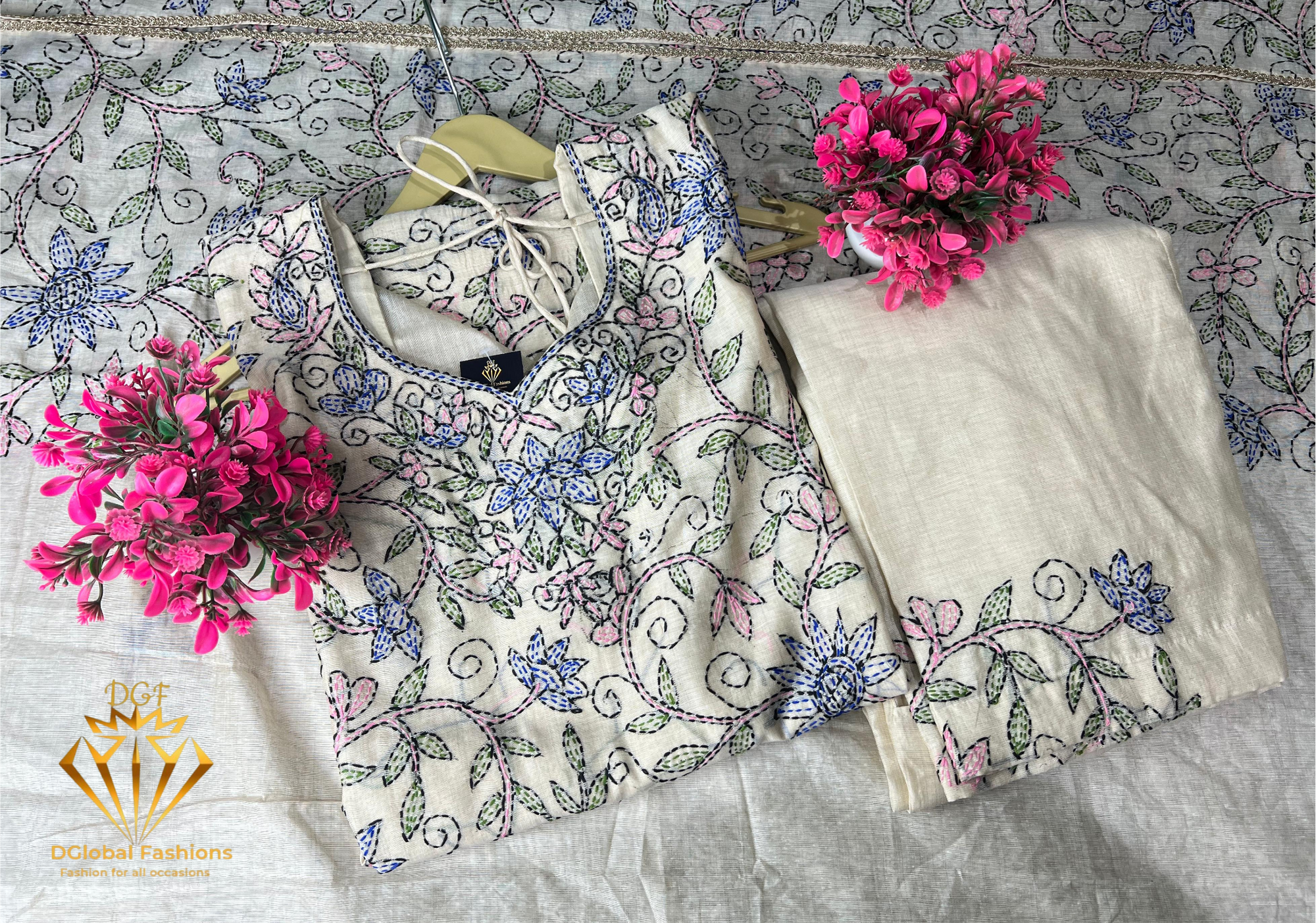 Elegant Kantha Embroidered Suit Set with Dupatta – Traditional Ethnic Wear